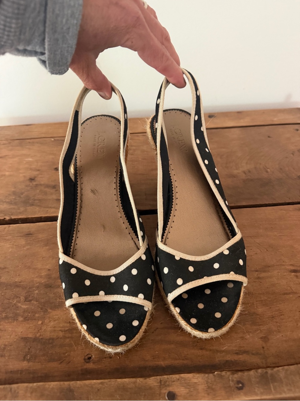 J. Crew Polka Dot Slingback Espadrille Wedges - Black/Cream